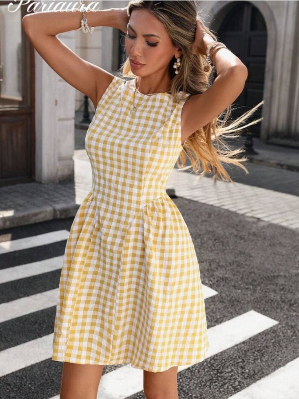 French Style Sleeveless Checkered Mini Dress For Women